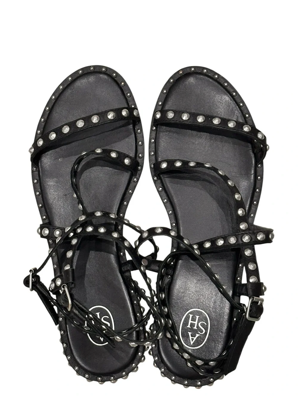 ASH Petra Silver Studded Buttery Black Leather Strappy Flat Sandal Size EU 39